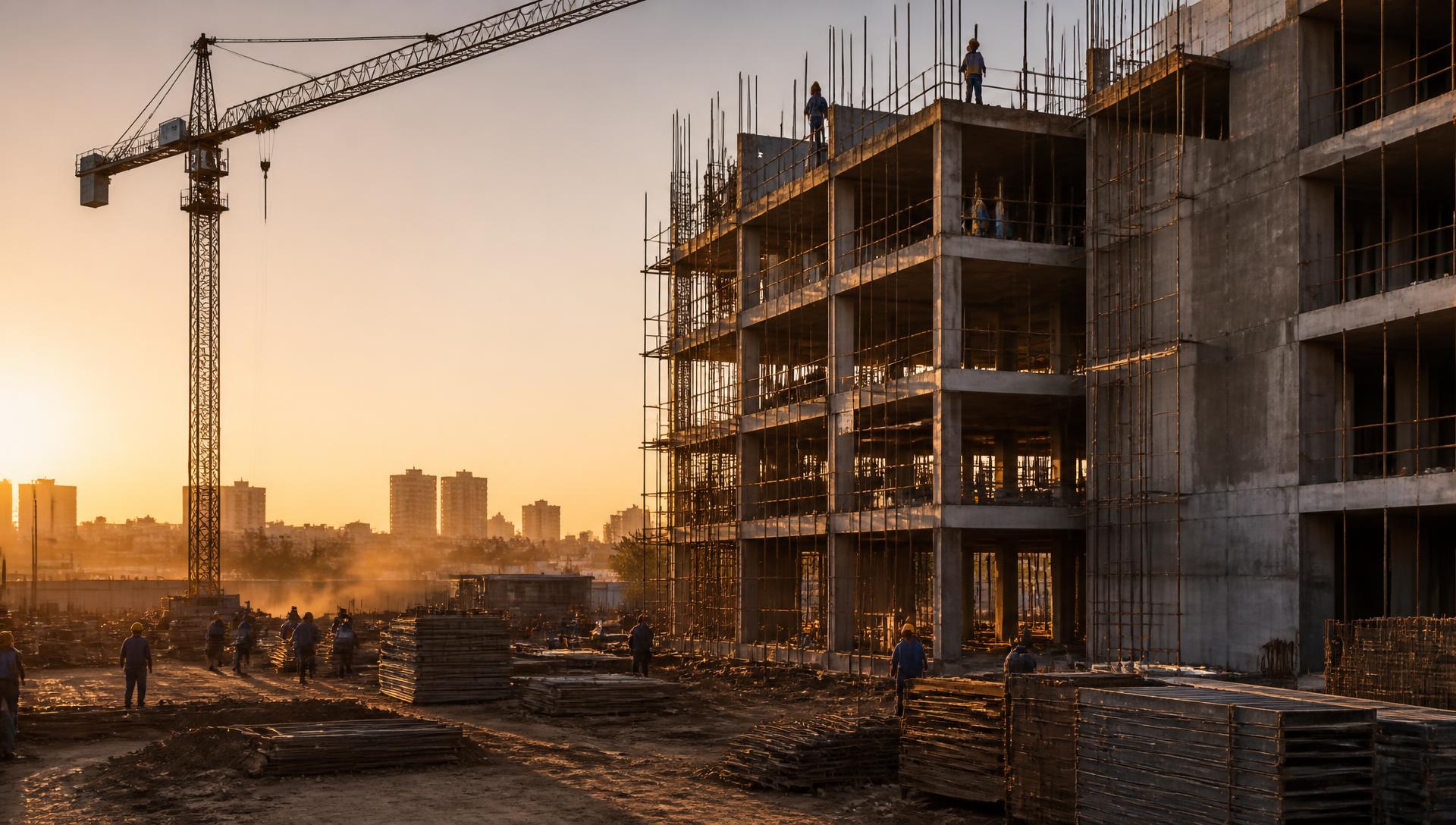 Canteiro de obras com estrutura de concreto, andaimes, materiais e equipe em atividade